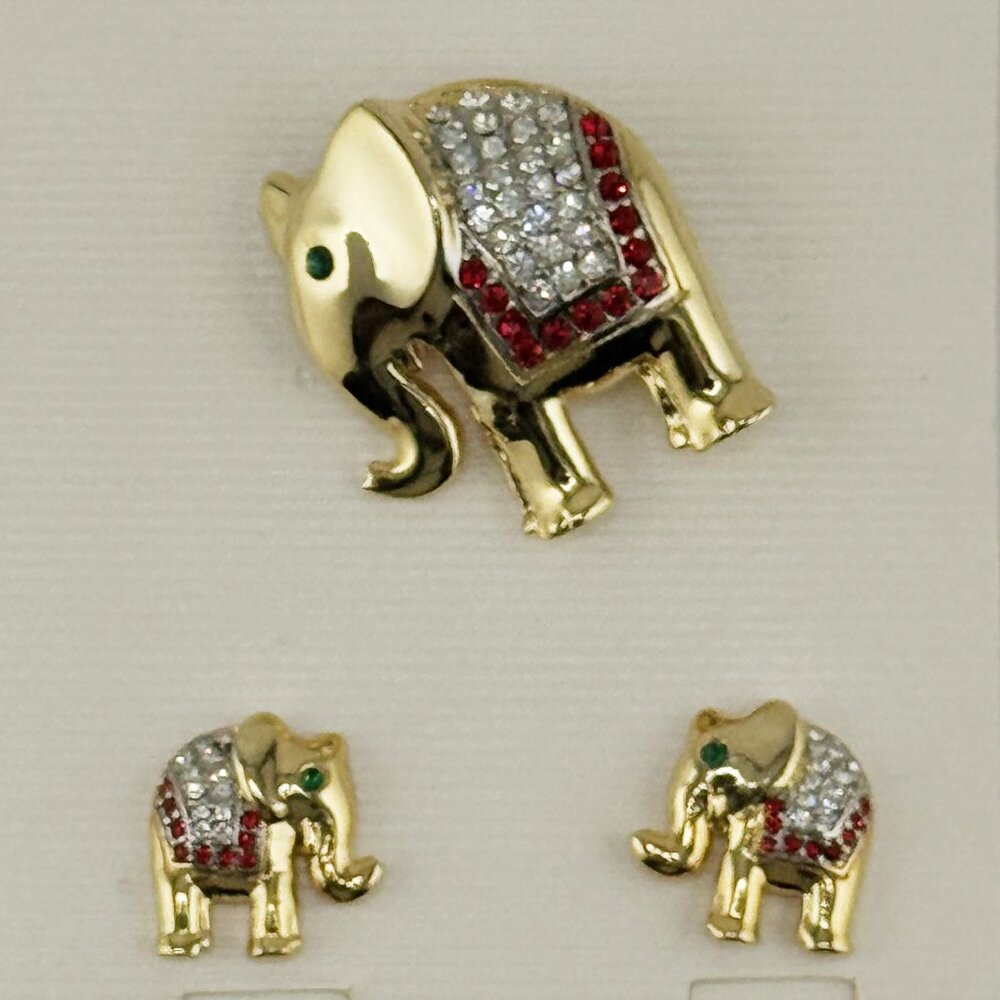 Earring and brooch set, elephants, polished gold tone with crystals, NWOT